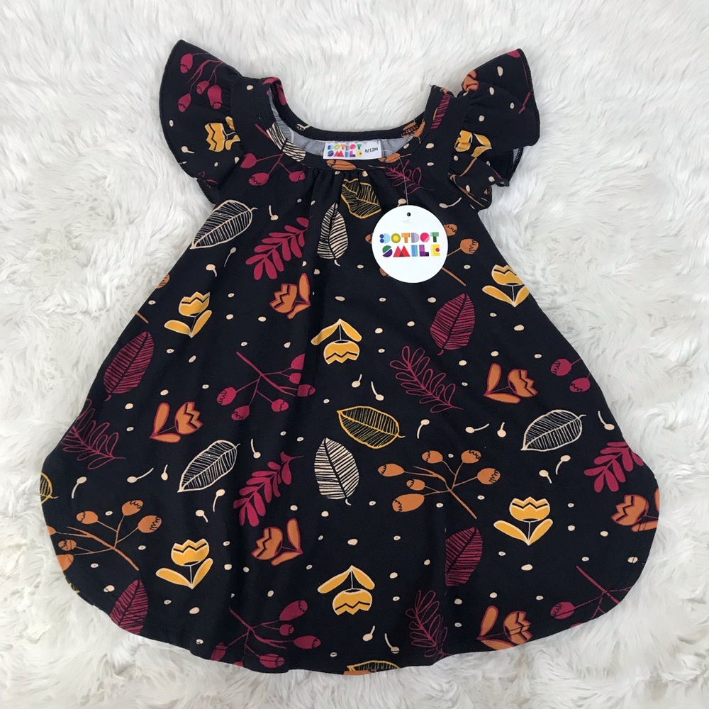 DOT DOT SMILE Baby Girl Dress Black Fall Floral Leaf Print Size 6 12‎ Months New